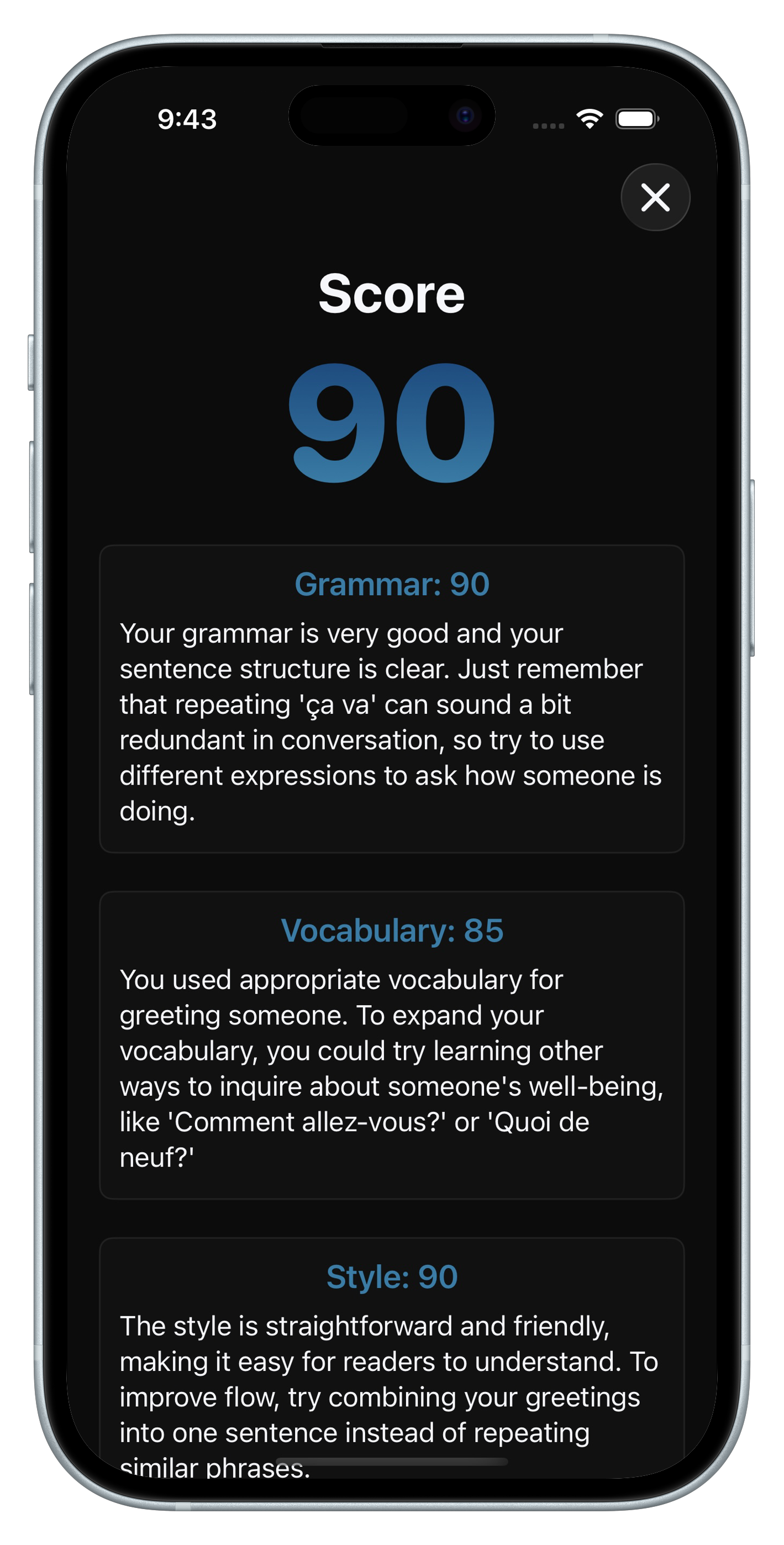 Instant feedback and analysis screen in Parlez-Vous