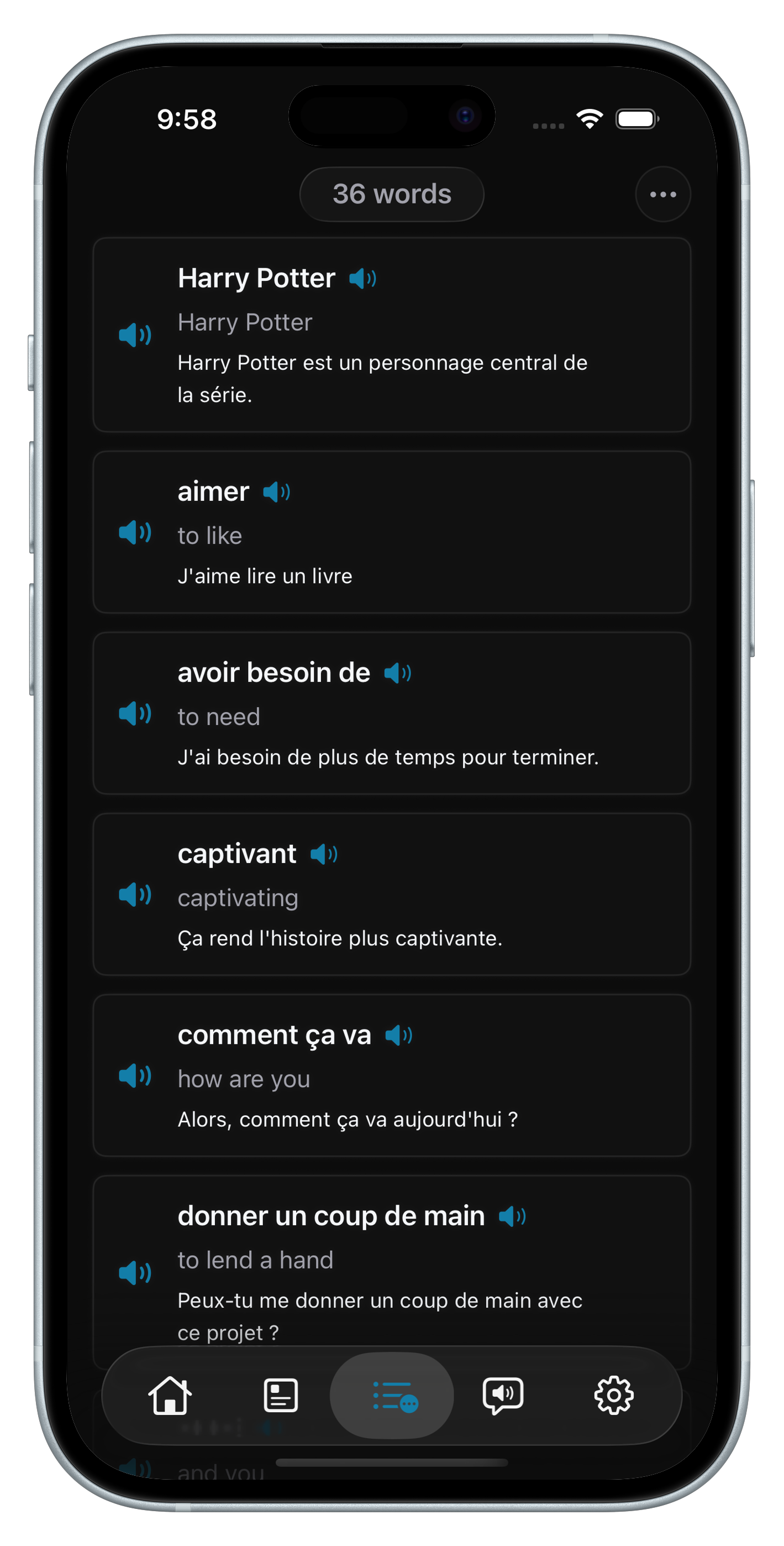 Useful phrases collection screen in Parlez-Vous