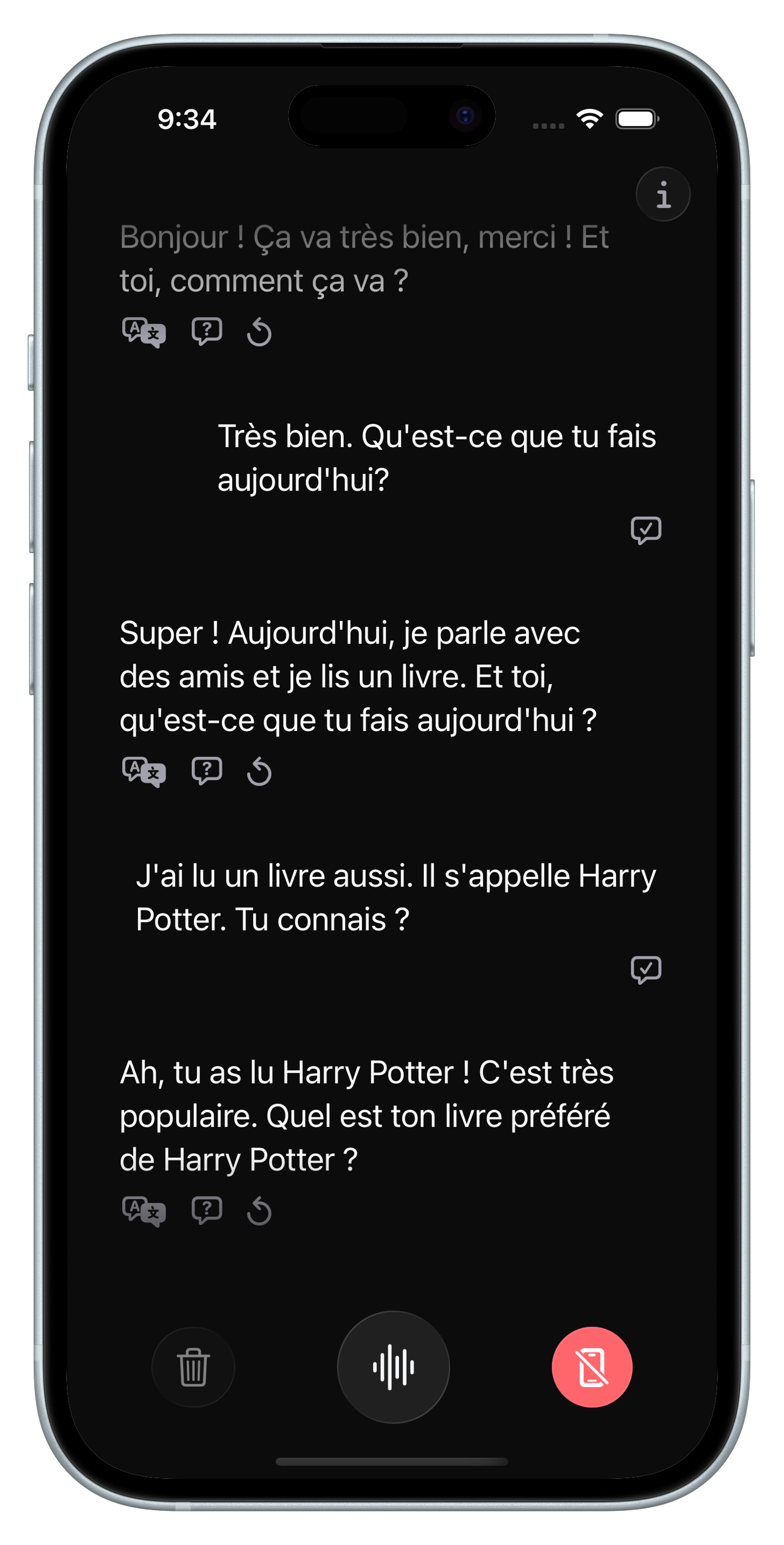 AI-powered conversation screen in Parlez-Vous