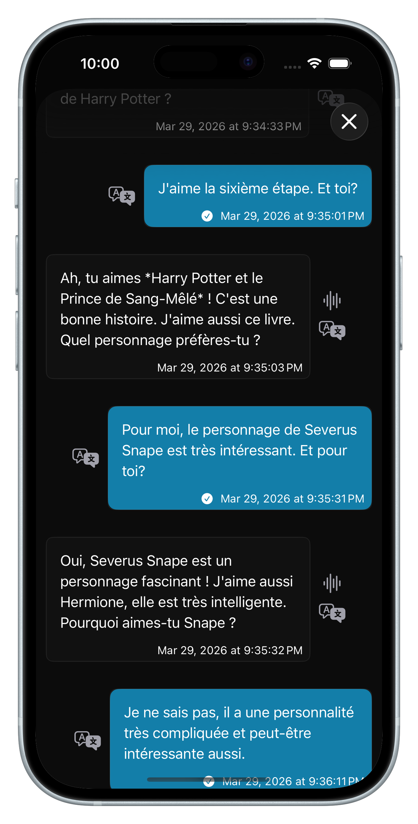 Conversation history screen in Parlez-Vous