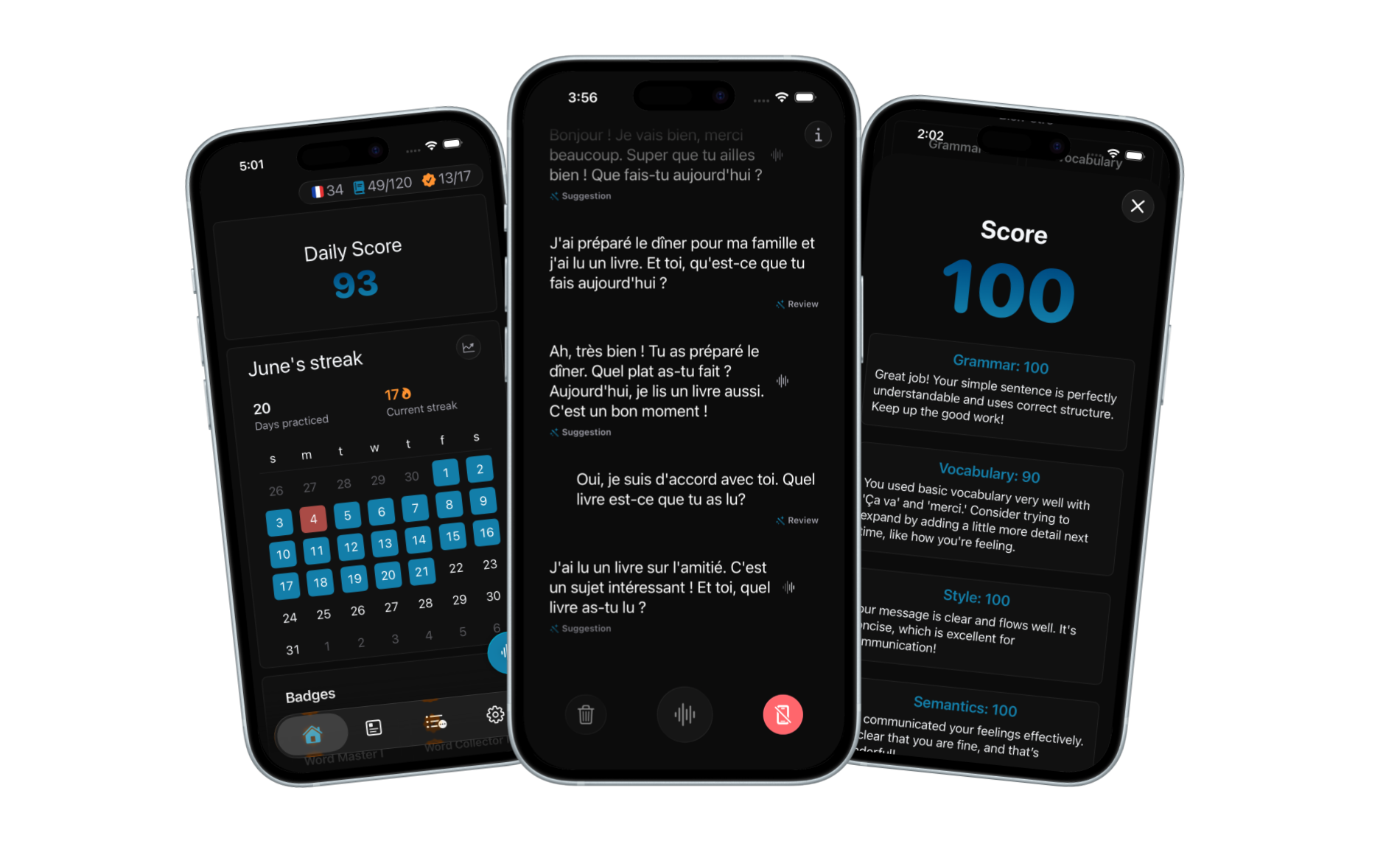 Four Parlez-Vous screens showing conversations, progress, and feedback