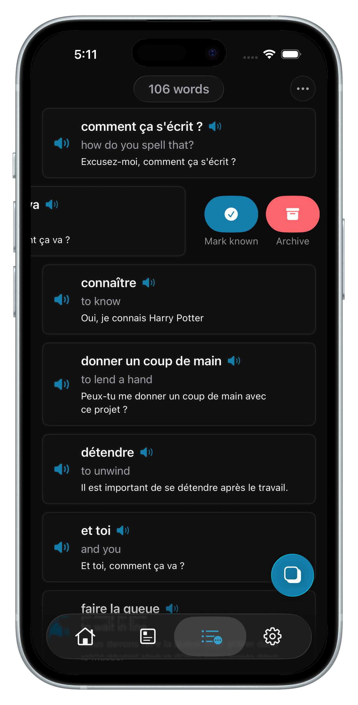 Personal phrase collection in Parlez-Vous