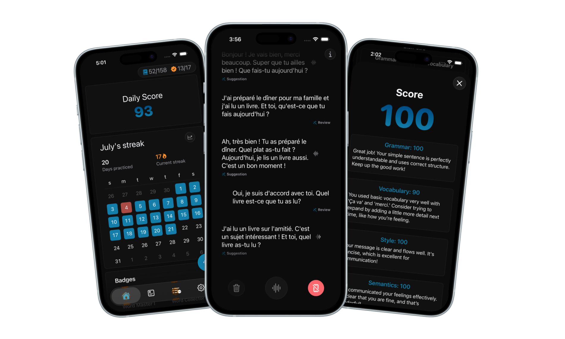 Four Parlez-Vous screens showing conversations, progress, and feedback